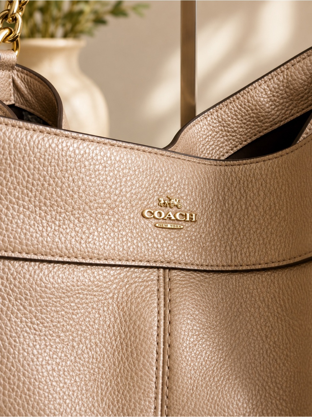 Coach Metallic Champagne Pebbled Leather Chain Shoulder Hobo Bag Gold - Picture 2 of 12